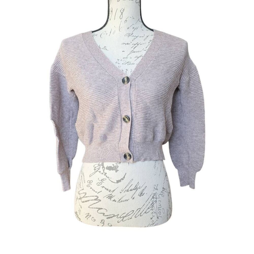 Poof New York Women's Size Small Heathered Tan Ribbed Button-Down Crop Cardigan